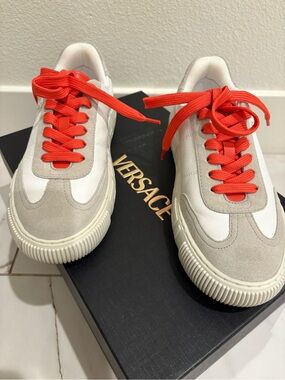 Versace White and Red Lace-Up Sneakers